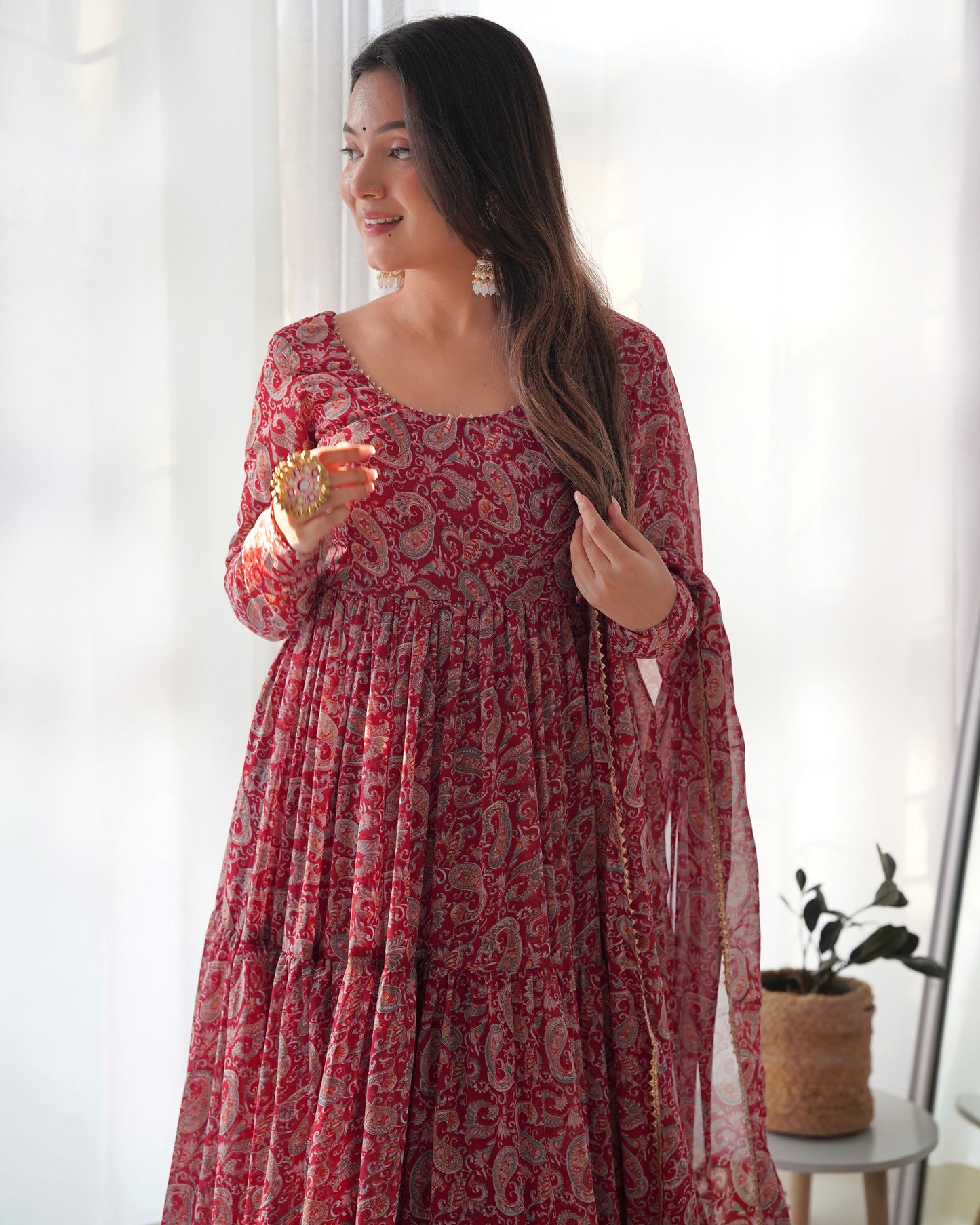 *PURE SOFT FOX GEORGETTE KALAMKARI PRINT FABRIC FULLY FLAIR ANARKALI,WITH DUPPTA SET,PENT READY TO WEAR*