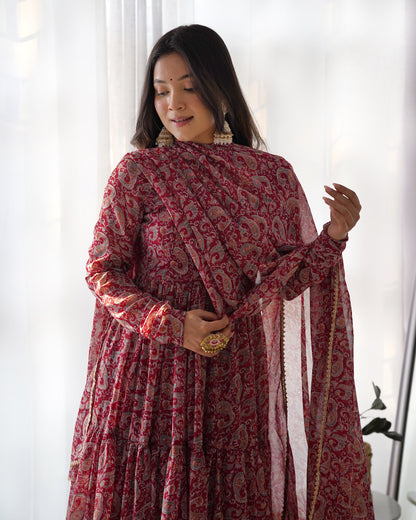 *PURE SOFT FOX GEORGETTE KALAMKARI PRINT FABRIC FULLY FLAIR ANARKALI,WITH DUPPTA SET,PENT READY TO WEAR*