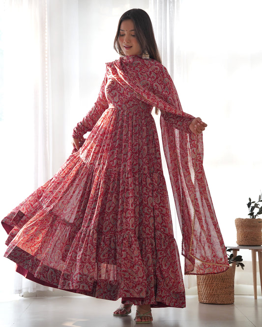 *PURE SOFT FOX GEORGETTE KALAMKARI PRINT FABRIC FULLY FLAIR ANARKALI,WITH DUPPTA SET,PENT READY TO WEAR*
