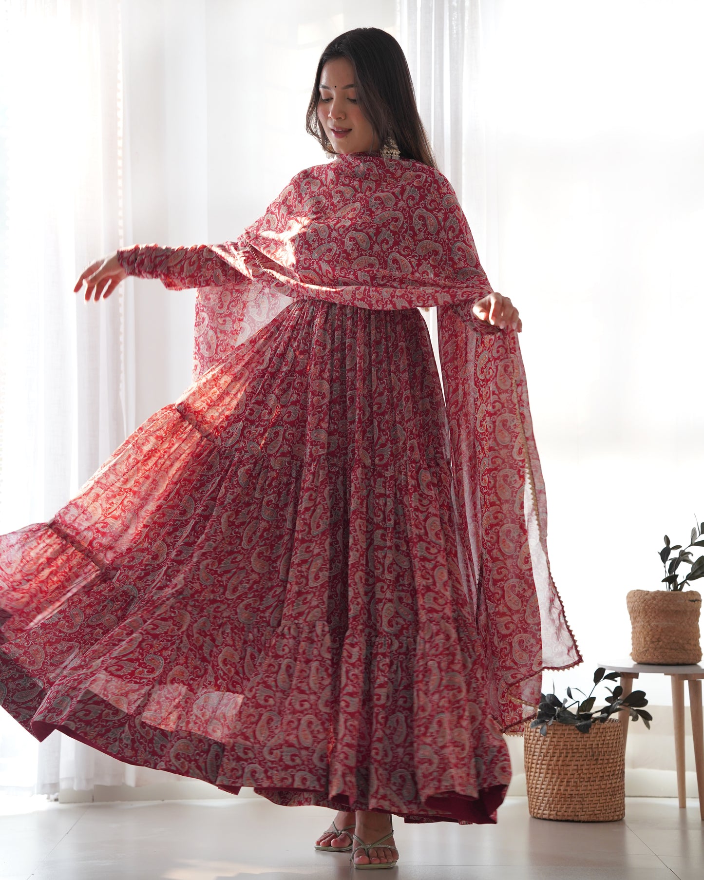 *PURE SOFT FOX GEORGETTE KALAMKARI PRINT FABRIC FULLY FLAIR ANARKALI,WITH DUPPTA SET,PENT READY TO WEAR*