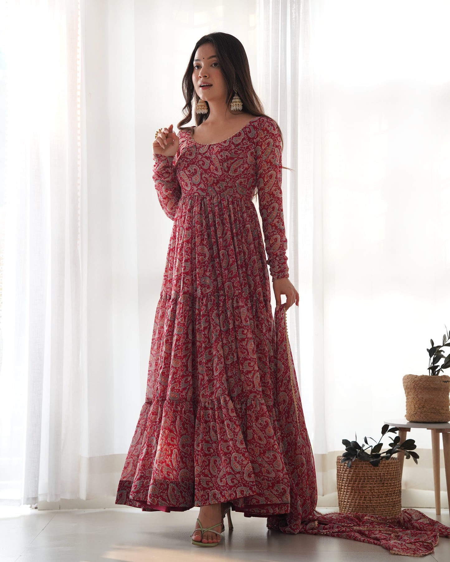 *PURE SOFT FOX GEORGETTE KALAMKARI PRINT FABRIC FULLY FLAIR ANARKALI,WITH DUPPTA SET,PENT READY TO WEAR*