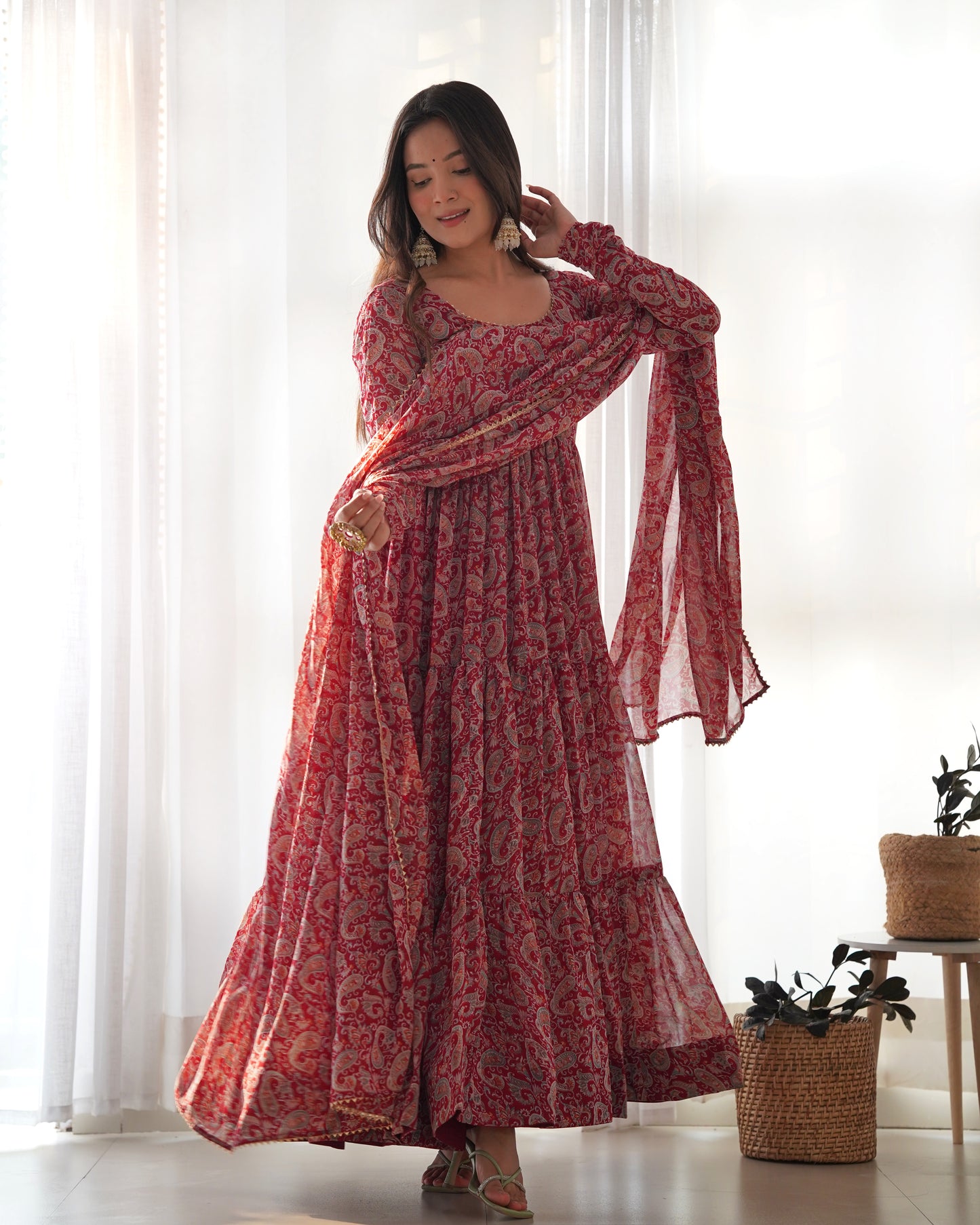 *PURE SOFT FOX GEORGETTE KALAMKARI PRINT FABRIC FULLY FLAIR ANARKALI,WITH DUPPTA SET,PENT READY TO WEAR*