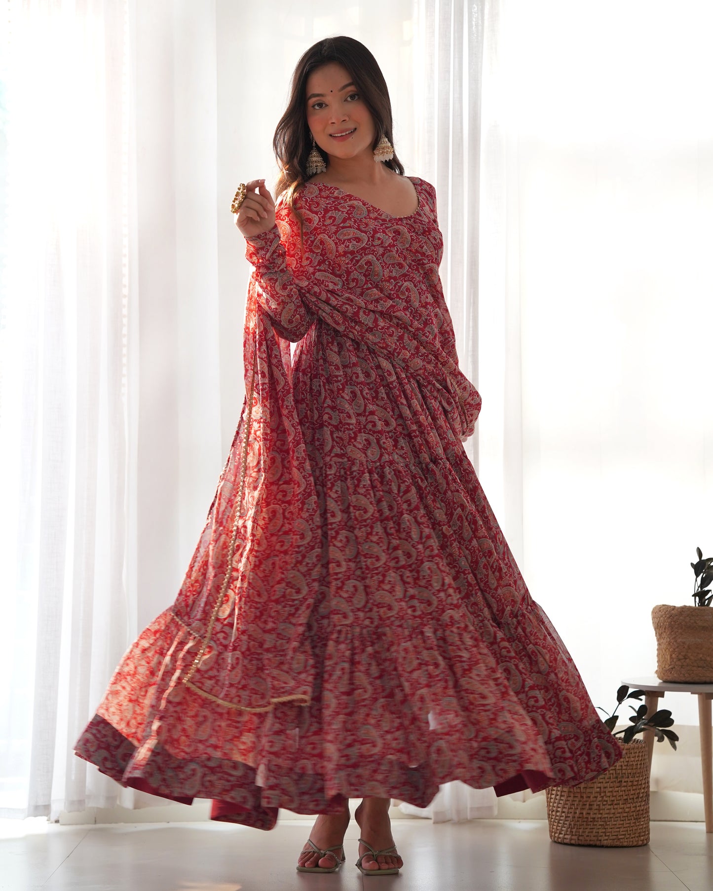 *PURE SOFT FOX GEORGETTE KALAMKARI PRINT FABRIC FULLY FLAIR ANARKALI,WITH DUPPTA SET,PENT READY TO WEAR*