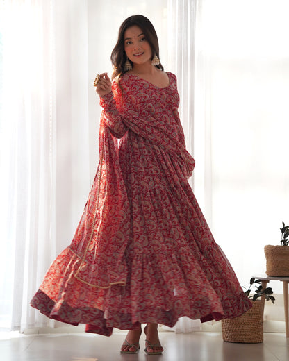 *PURE SOFT FOX GEORGETTE KALAMKARI PRINT FABRIC FULLY FLAIR ANARKALI,WITH DUPPTA SET,PENT READY TO WEAR*