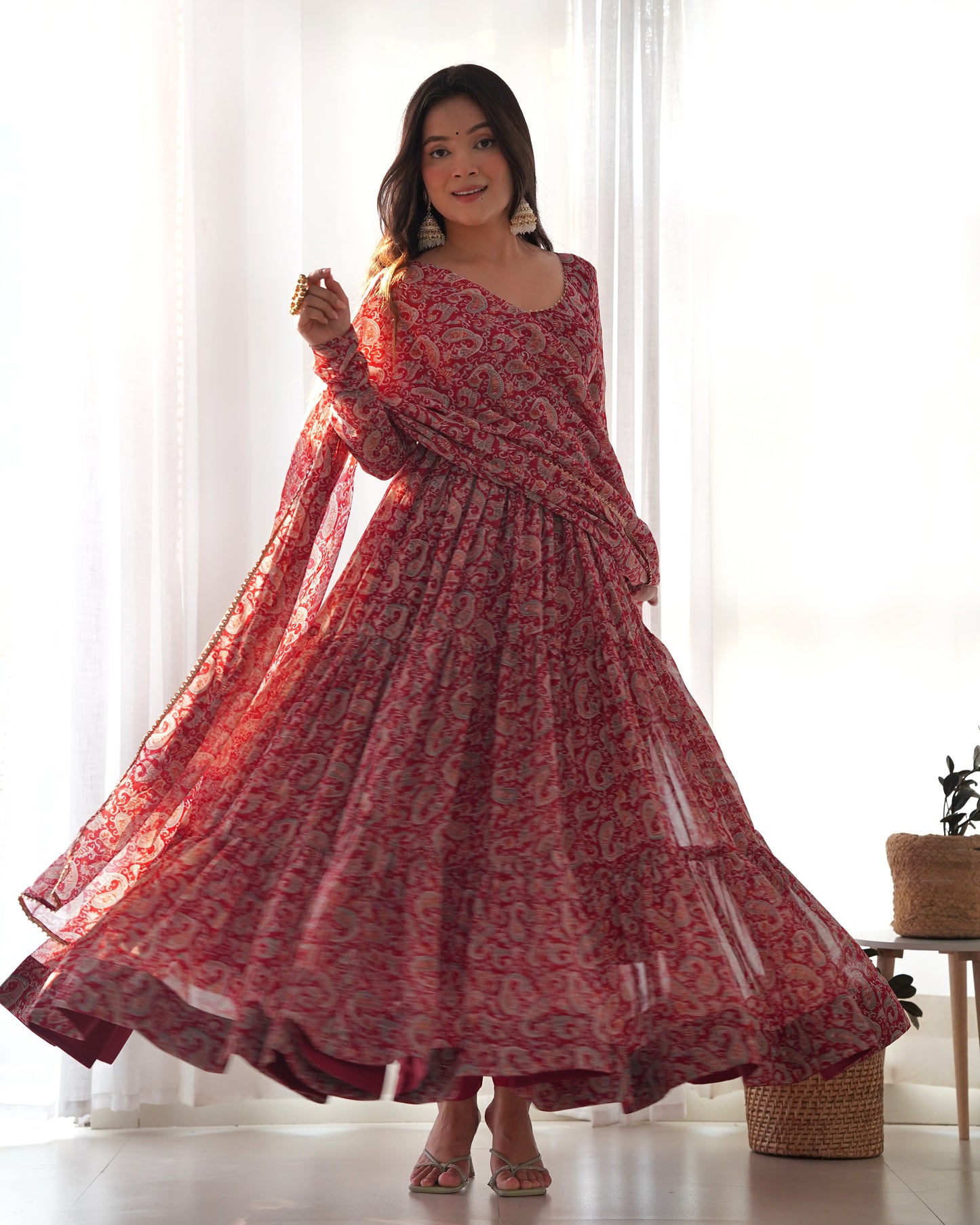 *PURE SOFT FOX GEORGETTE KALAMKARI PRINT FABRIC FULLY FLAIR ANARKALI,WITH DUPPTA SET,PENT READY TO WEAR*