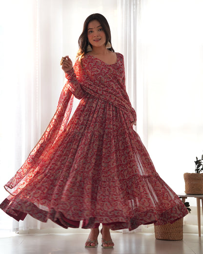 *PURE SOFT FOX GEORGETTE KALAMKARI PRINT FABRIC FULLY FLAIR ANARKALI,WITH DUPPTA SET,PENT READY TO WEAR*