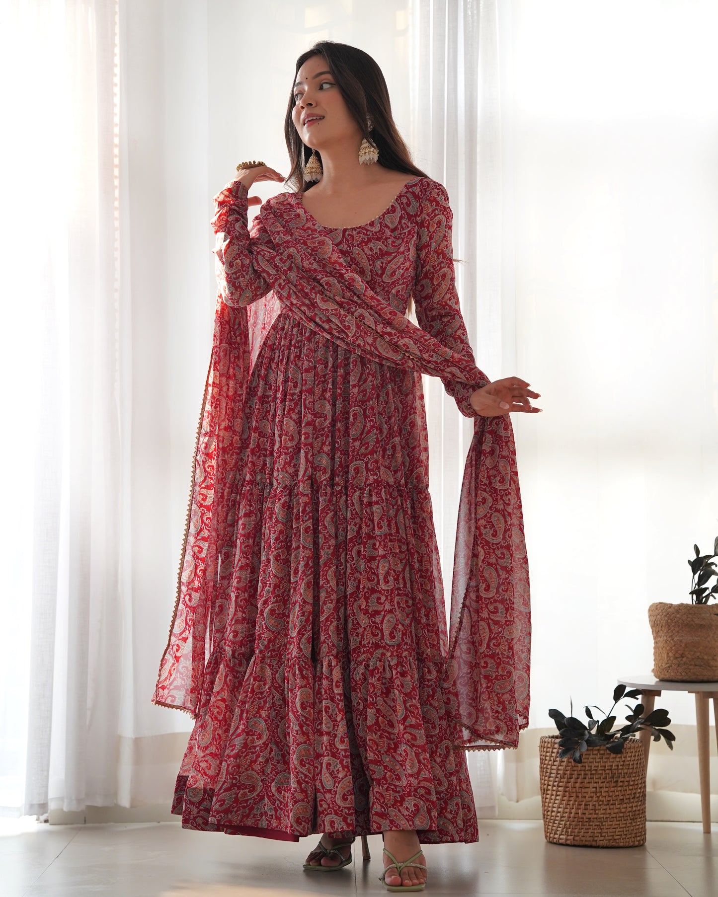 *PURE SOFT FOX GEORGETTE KALAMKARI PRINT FABRIC FULLY FLAIR ANARKALI,WITH DUPPTA SET,PENT READY TO WEAR*