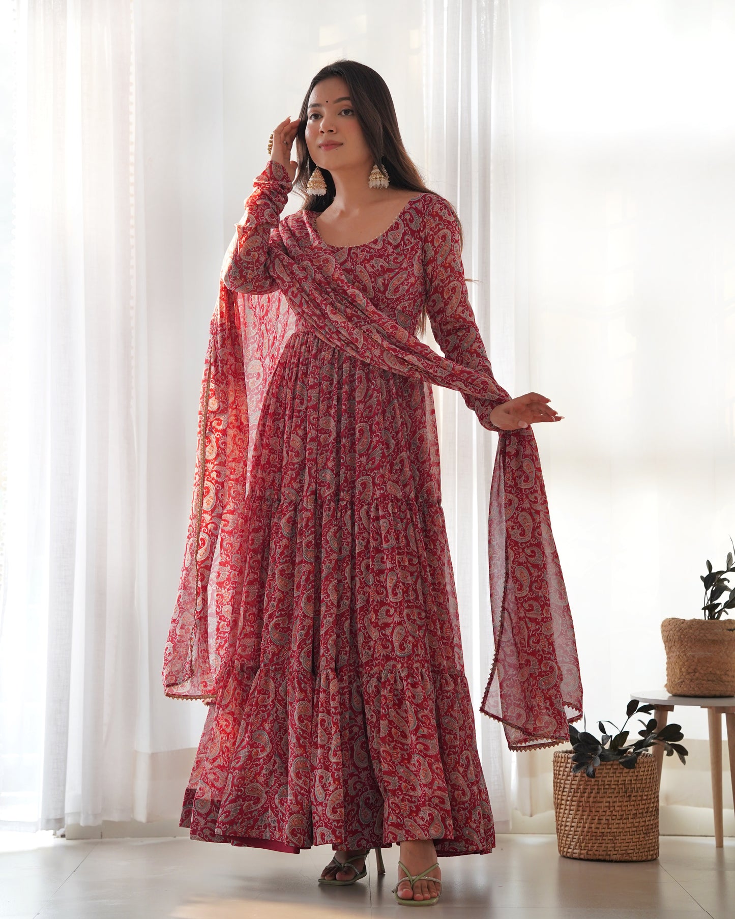 *PURE SOFT FOX GEORGETTE KALAMKARI PRINT FABRIC FULLY FLAIR ANARKALI,WITH DUPPTA SET,PENT READY TO WEAR*