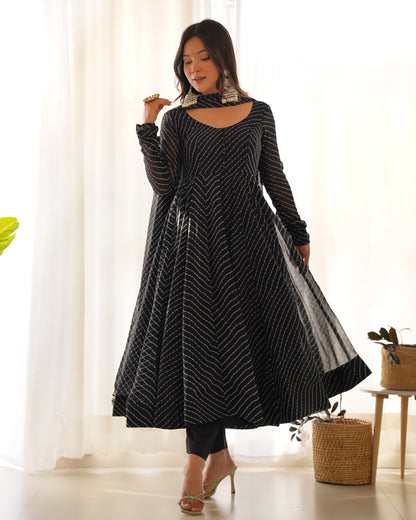 PURE FOX GEORGETTE LAHERIYA PRINT FABRIC FULLY FLAIR ANARKALI,WITH DUPPTA SET,PENT READY TO WEAR*