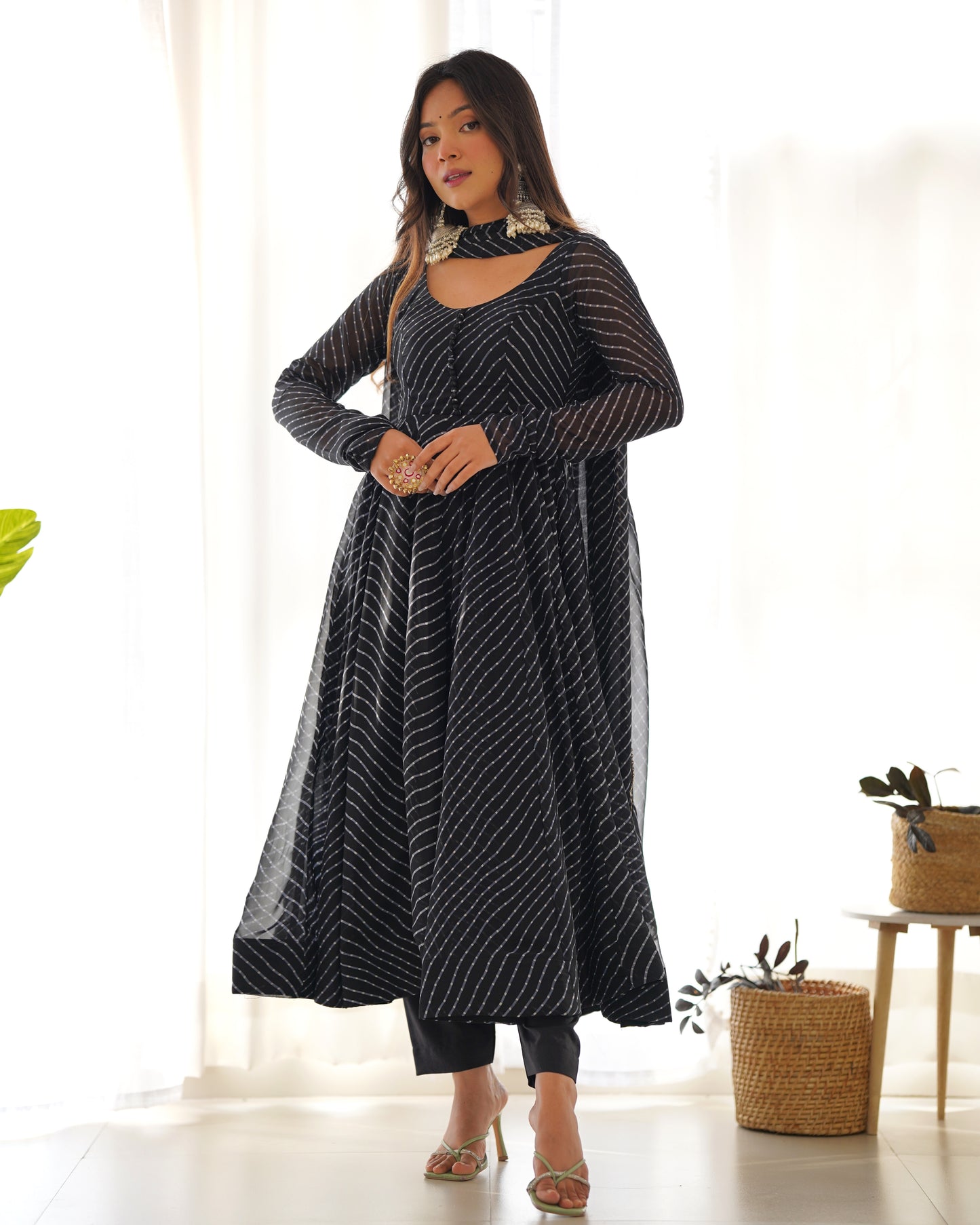 PURE FOX GEORGETTE LAHERIYA PRINT FABRIC FULLY FLAIR ANARKALI,WITH DUPPTA SET,PENT READY TO WEAR*