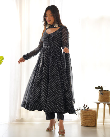 PURE FOX GEORGETTE LAHERIYA PRINT FABRIC FULLY FLAIR ANARKALI,WITH DUPPTA SET,PENT READY TO WEAR*