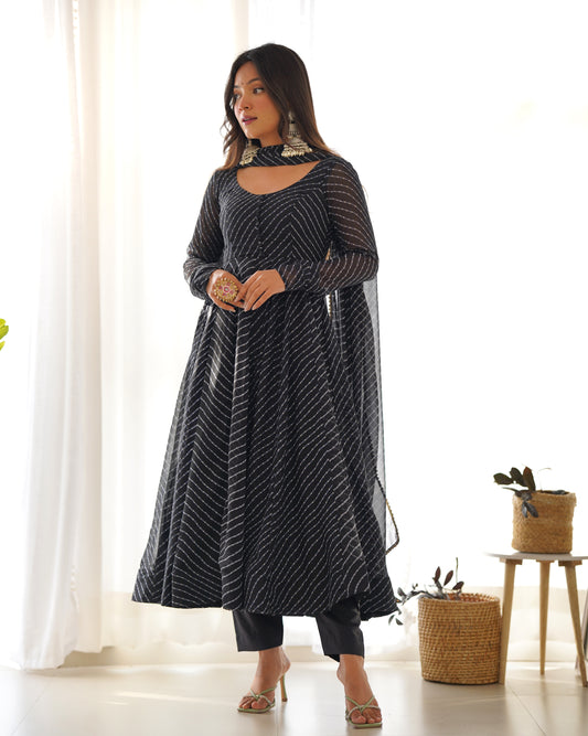 PURE FOX GEORGETTE LAHERIYA PRINT FABRIC FULLY FLAIR ANARKALI,WITH DUPPTA SET,PENT READY TO WEAR*