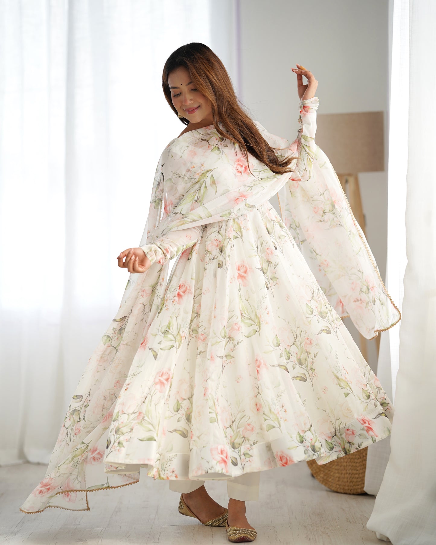 PURE SOFT ORGANJA SILK FABRIC FULLY FLAIR KALI PATTERN AND CANVAS PATTA WITH DUPPTA SET,PENT READY TO WEAR