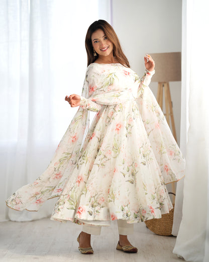 PURE SOFT ORGANJA SILK FABRIC FULLY FLAIR KALI PATTERN AND CANVAS PATTA WITH DUPPTA SET,PENT READY TO WEAR