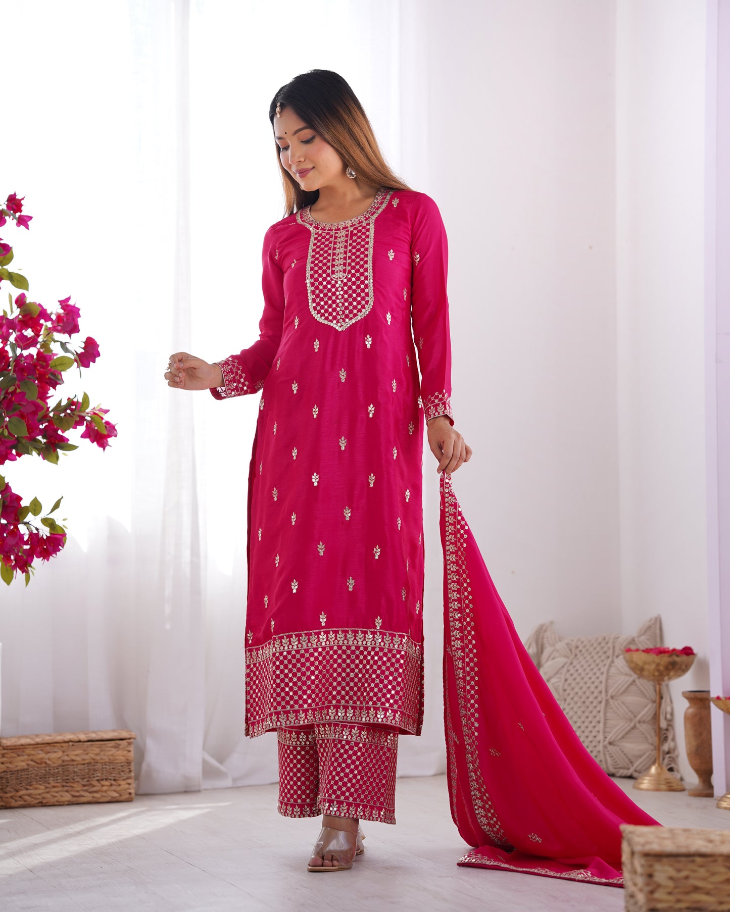 NEW BEAUTIFUL PURE CHINON SILK FABRIC STRAIGHT FIT KURTA WITH DUPPTA SET,TROUSERS,READY TO WEAR*