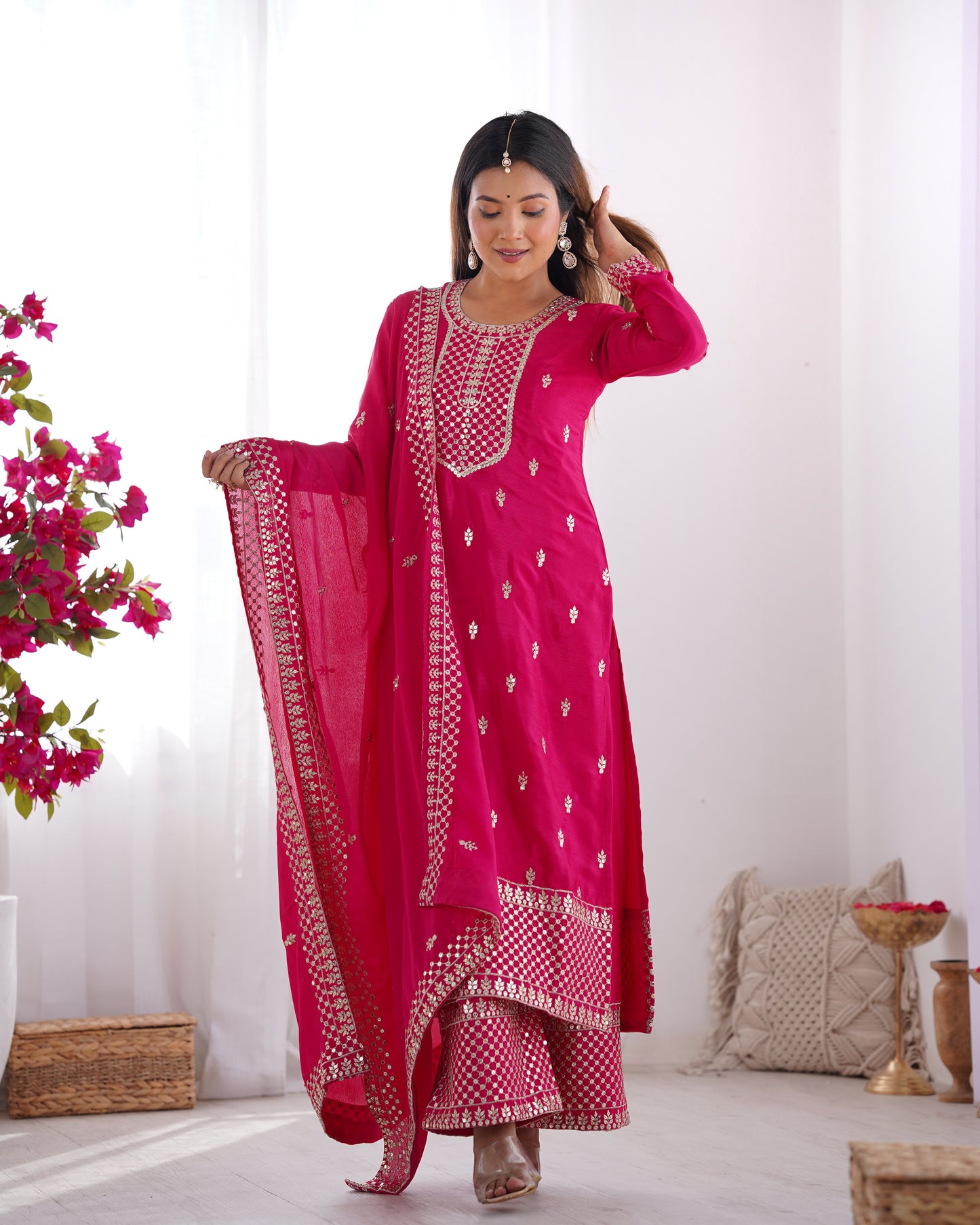 NEW BEAUTIFUL PURE CHINON SILK FABRIC STRAIGHT FIT KURTA WITH DUPPTA SET,TROUSERS,READY TO WEAR*