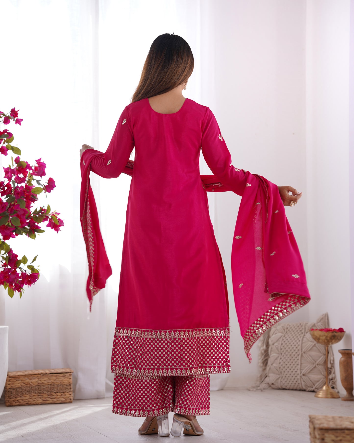 NEW BEAUTIFUL PURE CHINON SILK FABRIC STRAIGHT FIT KURTA WITH DUPPTA SET,TROUSERS,READY TO WEAR*