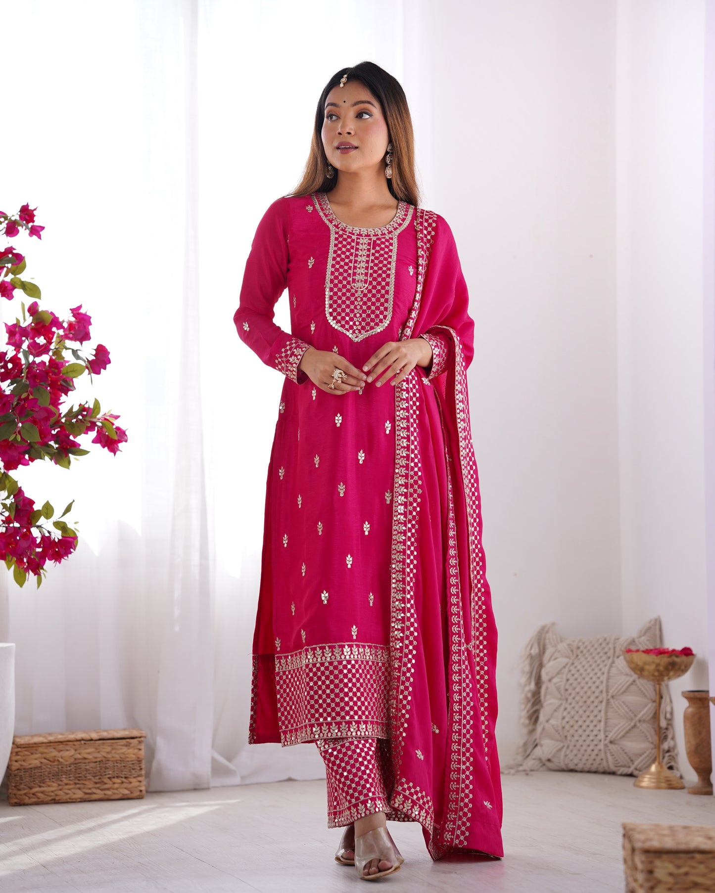 NEW BEAUTIFUL PURE CHINON SILK FABRIC STRAIGHT FIT KURTA WITH DUPPTA SET,TROUSERS,READY TO WEAR*
