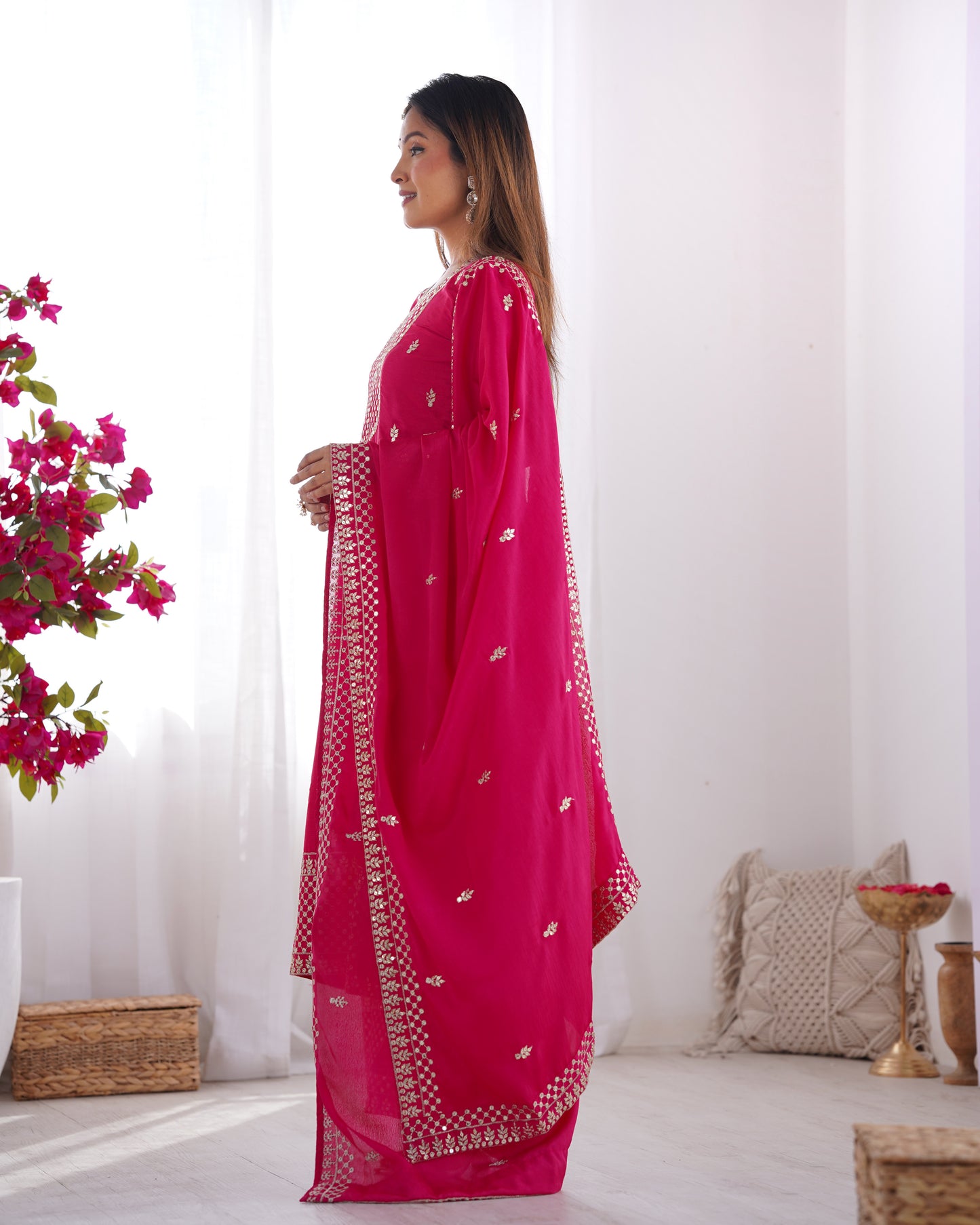 NEW BEAUTIFUL PURE CHINON SILK FABRIC STRAIGHT FIT KURTA WITH DUPPTA SET,TROUSERS,READY TO WEAR*