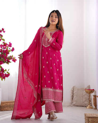 NEW BEAUTIFUL PURE CHINON SILK FABRIC STRAIGHT FIT KURTA WITH DUPPTA SET,TROUSERS,READY TO WEAR*
