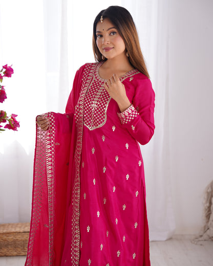 NEW BEAUTIFUL PURE CHINON SILK FABRIC STRAIGHT FIT KURTA WITH DUPPTA SET,TROUSERS,READY TO WEAR*