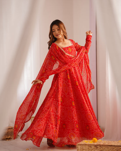 NEW DESIGNER PURE SOFT LIGHTWEIGHT CHIFFON BANDHEJ FULLY FLAIR GOWN,DUPPTA,PENT SET READY TO WEAR FULLY STTICHED