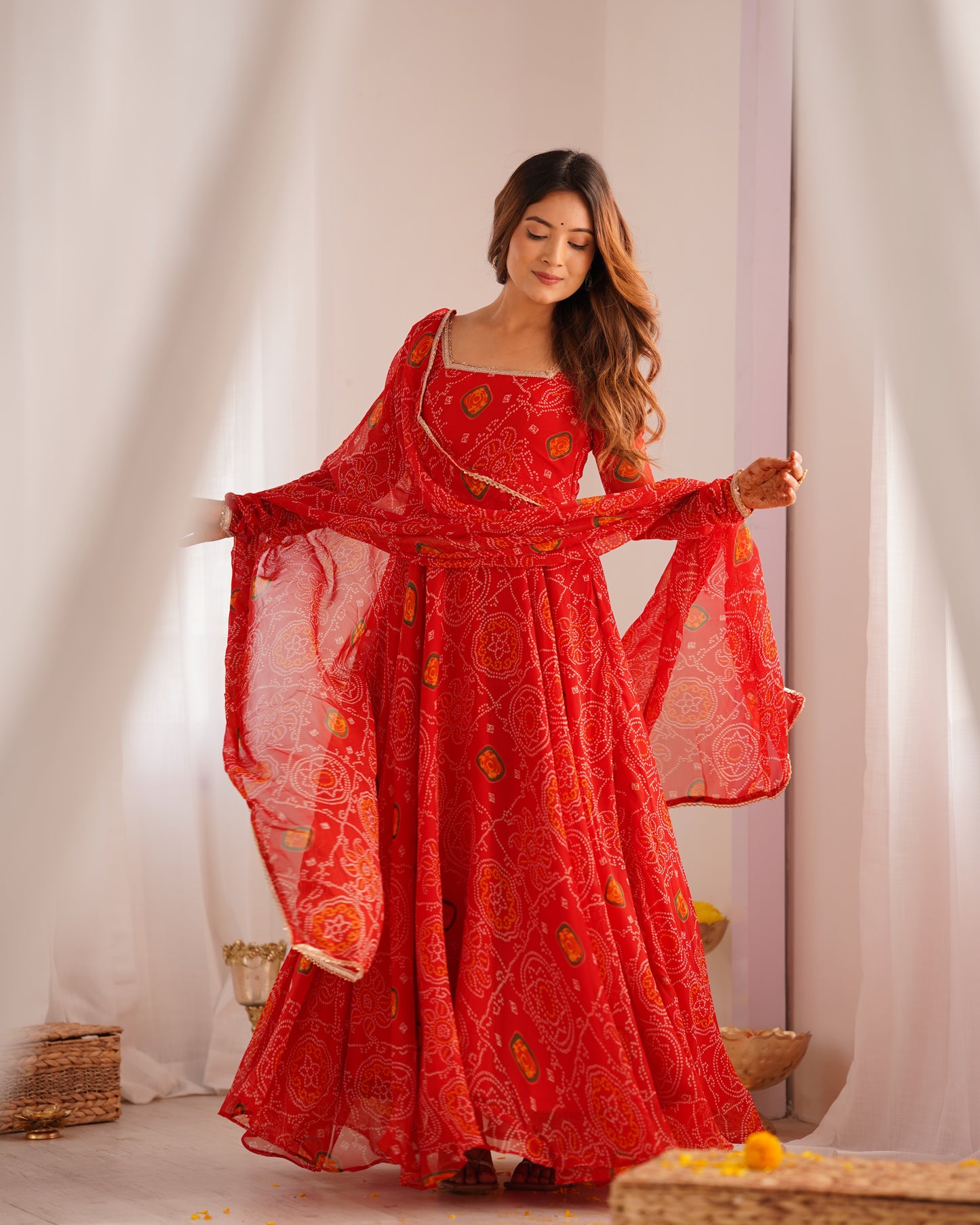 NEW DESIGNER PURE SOFT LIGHTWEIGHT CHIFFON BANDHEJ FULLY FLAIR GOWN,DUPPTA,PENT SET READY TO WEAR FULLY STTICHED