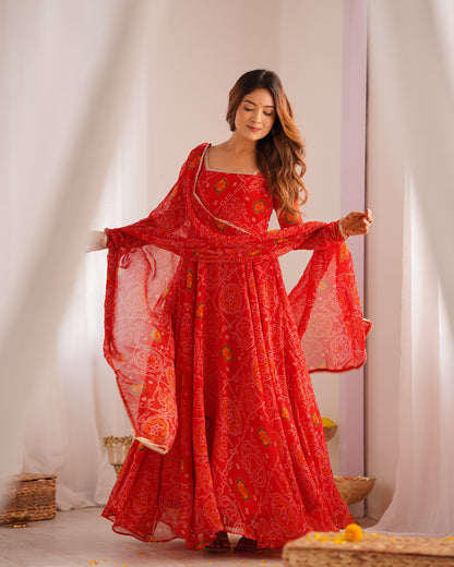 NEW DESIGNER PURE SOFT LIGHTWEIGHT CHIFFON BANDHEJ FULLY FLAIR GOWN,DUPPTA,PENT SET READY TO WEAR FULLY STTICHED