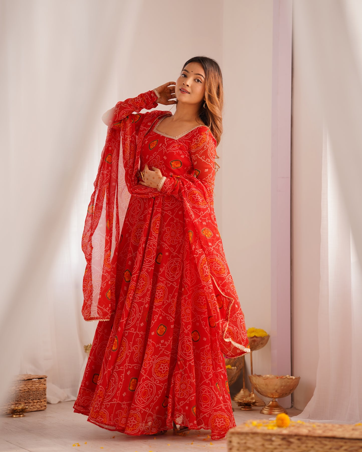 NEW DESIGNER PURE SOFT LIGHTWEIGHT CHIFFON BANDHEJ FULLY FLAIR GOWN,DUPPTA,PENT SET READY TO WEAR FULLY STTICHED