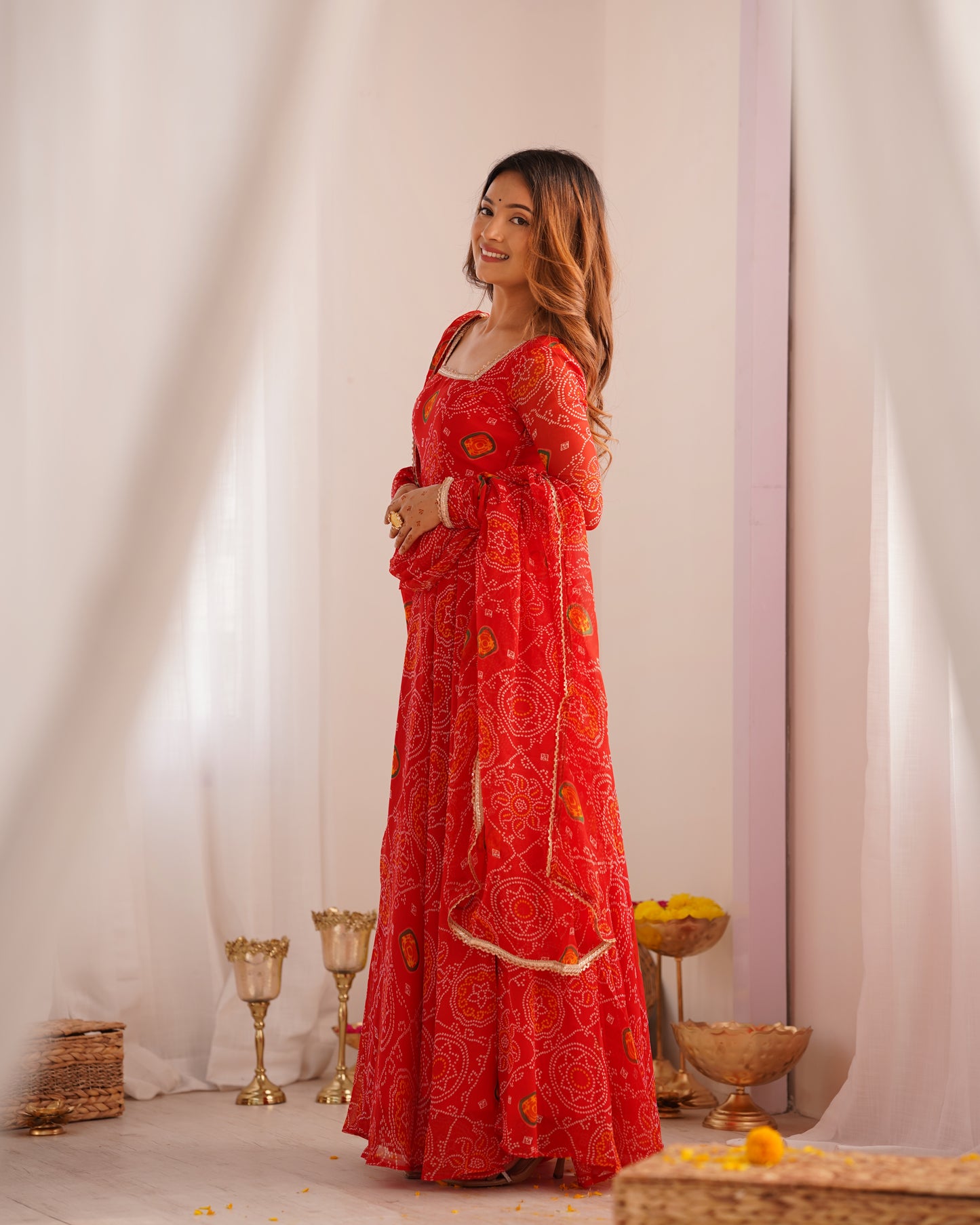 NEW DESIGNER PURE SOFT LIGHTWEIGHT CHIFFON BANDHEJ FULLY FLAIR GOWN,DUPPTA,PENT SET READY TO WEAR FULLY STTICHED