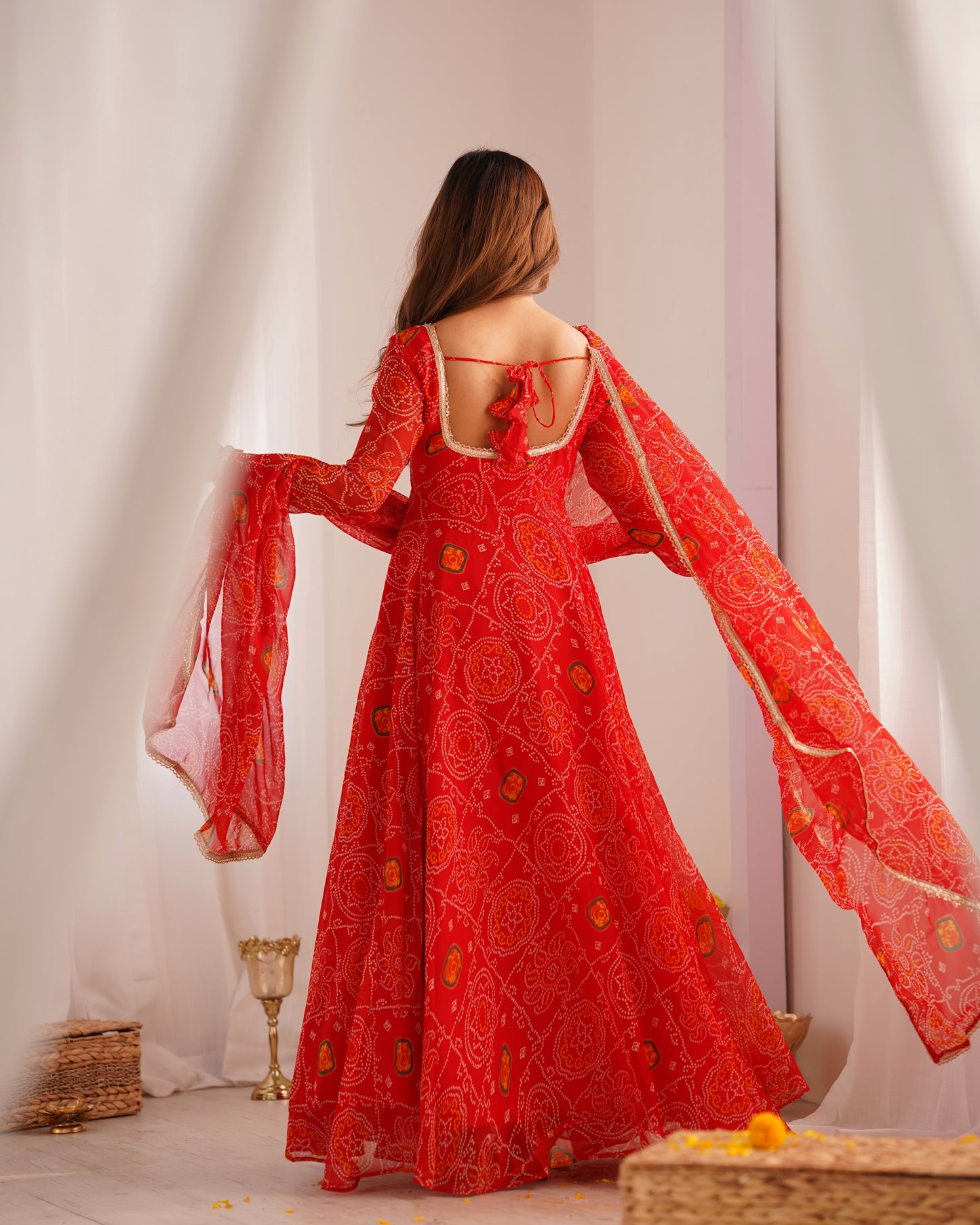 NEW DESIGNER PURE SOFT LIGHTWEIGHT CHIFFON BANDHEJ FULLY FLAIR GOWN,DUPPTA,PENT SET READY TO WEAR FULLY STTICHED