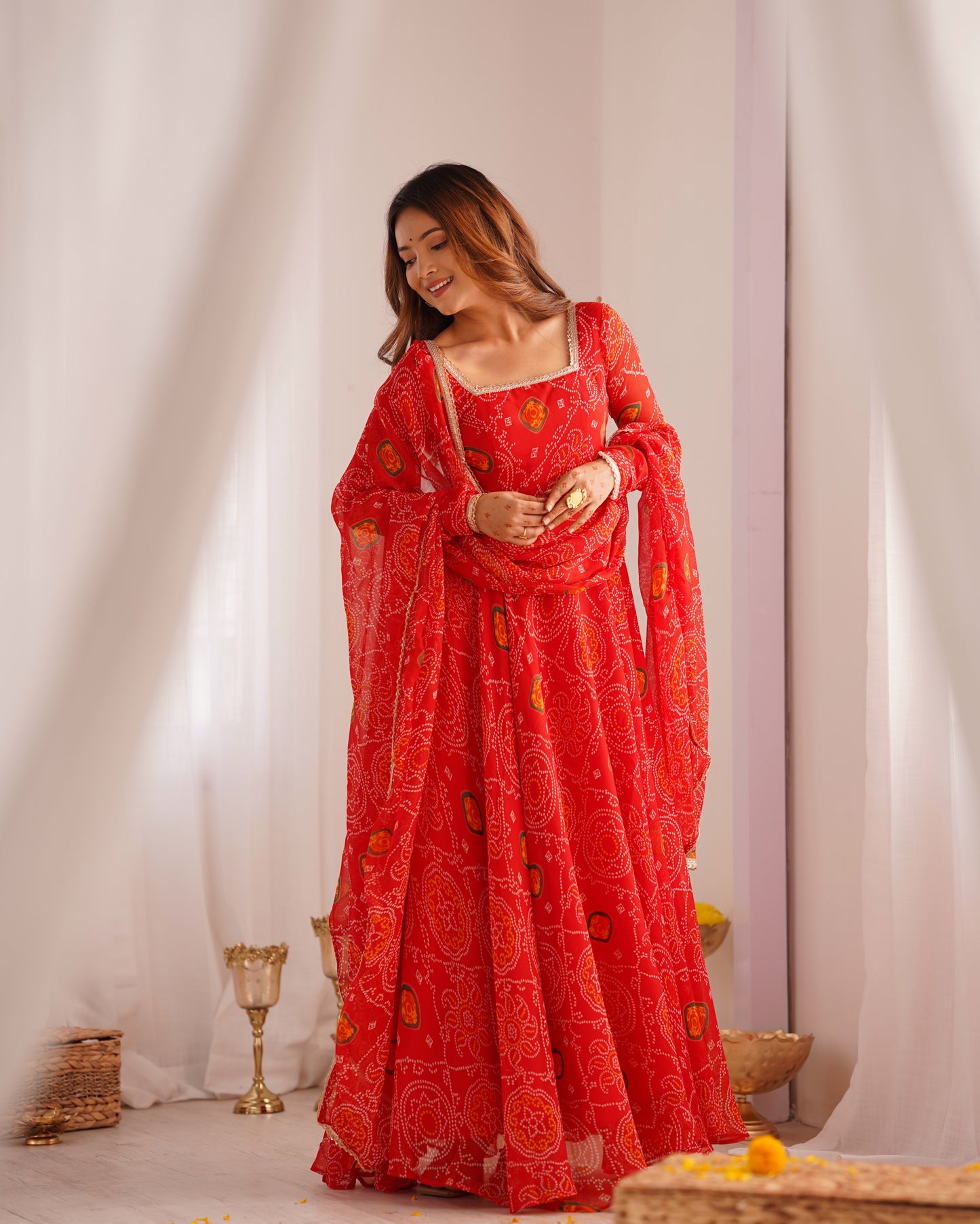 NEW DESIGNER PURE SOFT LIGHTWEIGHT CHIFFON BANDHEJ FULLY FLAIR GOWN,DUPPTA,PENT SET READY TO WEAR FULLY STTICHED