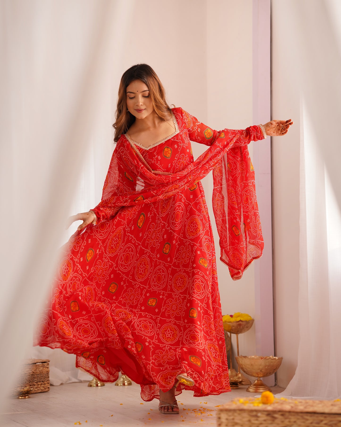 NEW DESIGNER PURE SOFT LIGHTWEIGHT CHIFFON BANDHEJ FULLY FLAIR GOWN,DUPPTA,PENT SET READY TO WEAR FULLY STTICHED