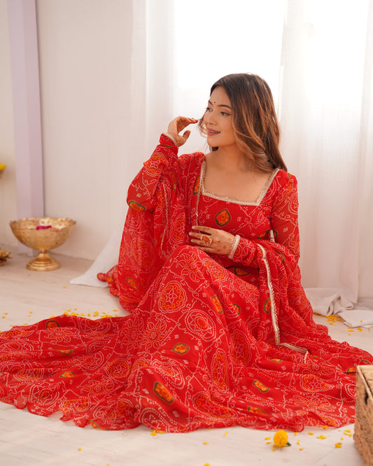 NEW DESIGNER PURE SOFT LIGHTWEIGHT CHIFFON BANDHEJ FULLY FLAIR GOWN,DUPPTA,PENT SET READY TO WEAR FULLY STTICHED