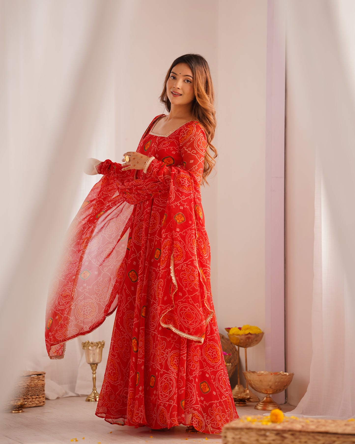 NEW DESIGNER PURE SOFT LIGHTWEIGHT CHIFFON BANDHEJ FULLY FLAIR GOWN,DUPPTA,PENT SET READY TO WEAR FULLY STTICHED