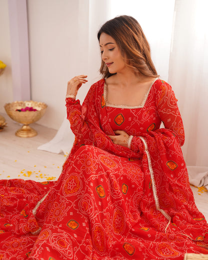 NEW DESIGNER PURE SOFT LIGHTWEIGHT CHIFFON BANDHEJ FULLY FLAIR GOWN,DUPPTA,PENT SET READY TO WEAR FULLY STTICHED