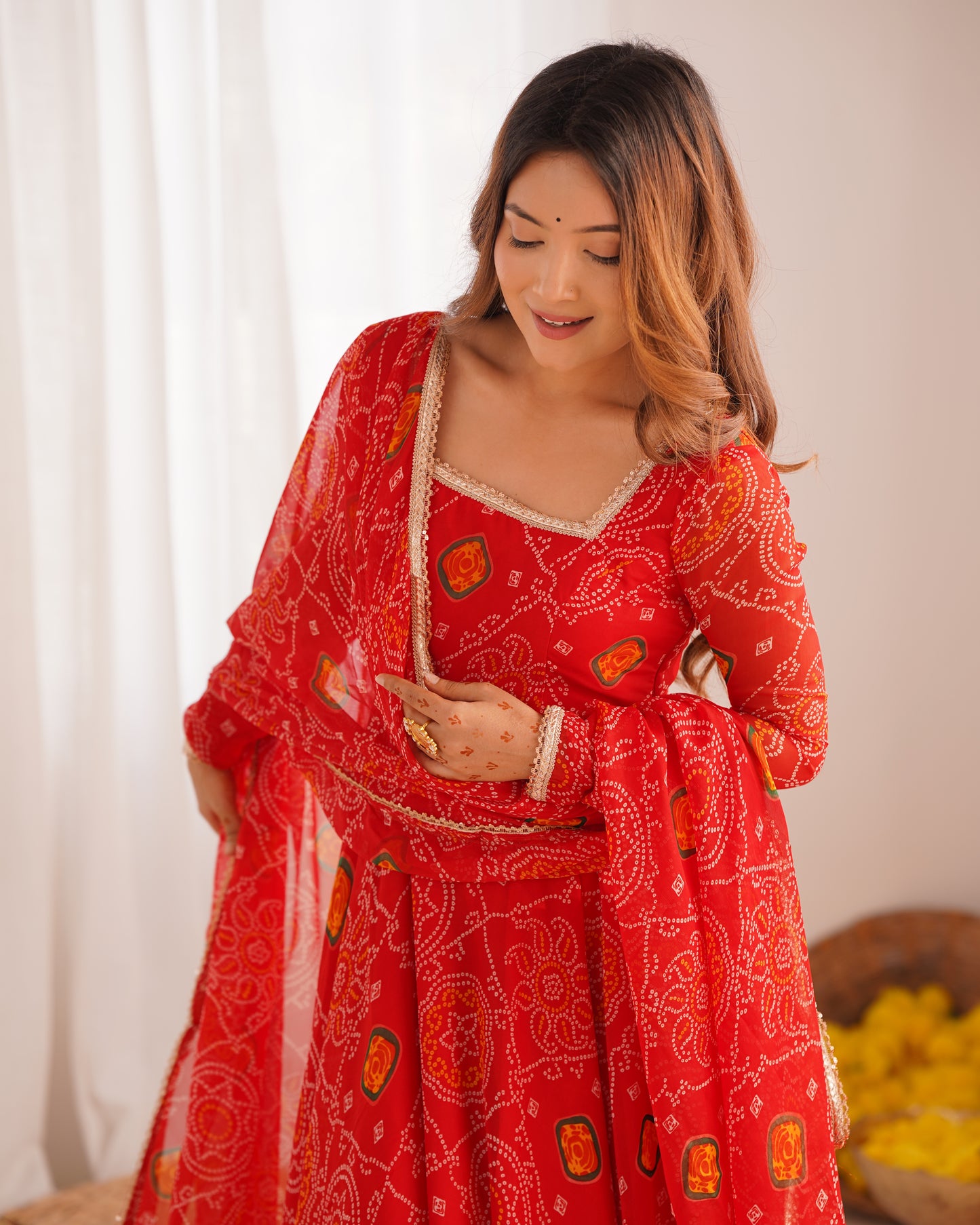 NEW DESIGNER PURE SOFT LIGHTWEIGHT CHIFFON BANDHEJ FULLY FLAIR GOWN,DUPPTA,PENT SET READY TO WEAR FULLY STTICHED