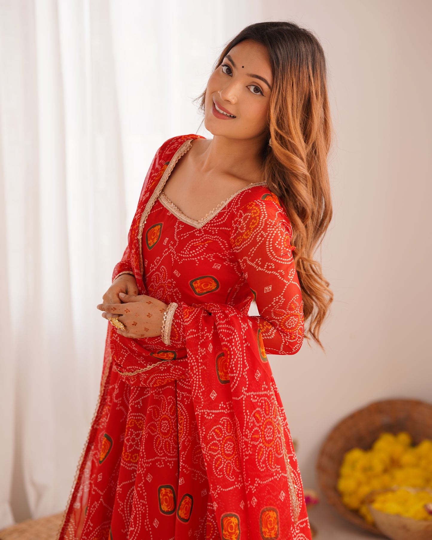 NEW DESIGNER PURE SOFT LIGHTWEIGHT CHIFFON BANDHEJ FULLY FLAIR GOWN,DUPPTA,PENT SET READY TO WEAR FULLY STTICHED
