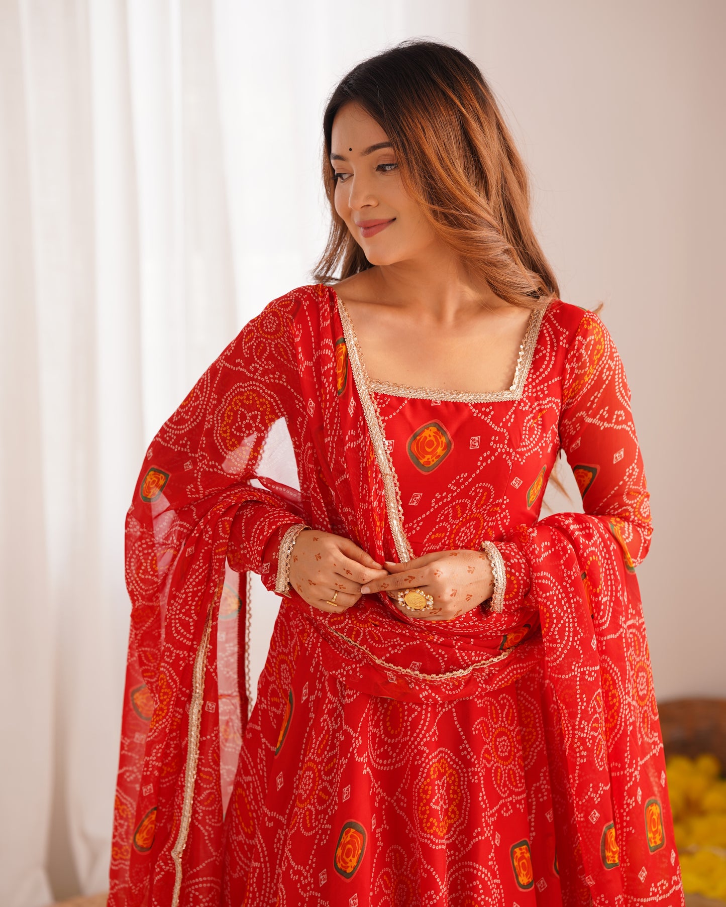 NEW DESIGNER PURE SOFT LIGHTWEIGHT CHIFFON BANDHEJ FULLY FLAIR GOWN,DUPPTA,PENT SET READY TO WEAR FULLY STTICHED