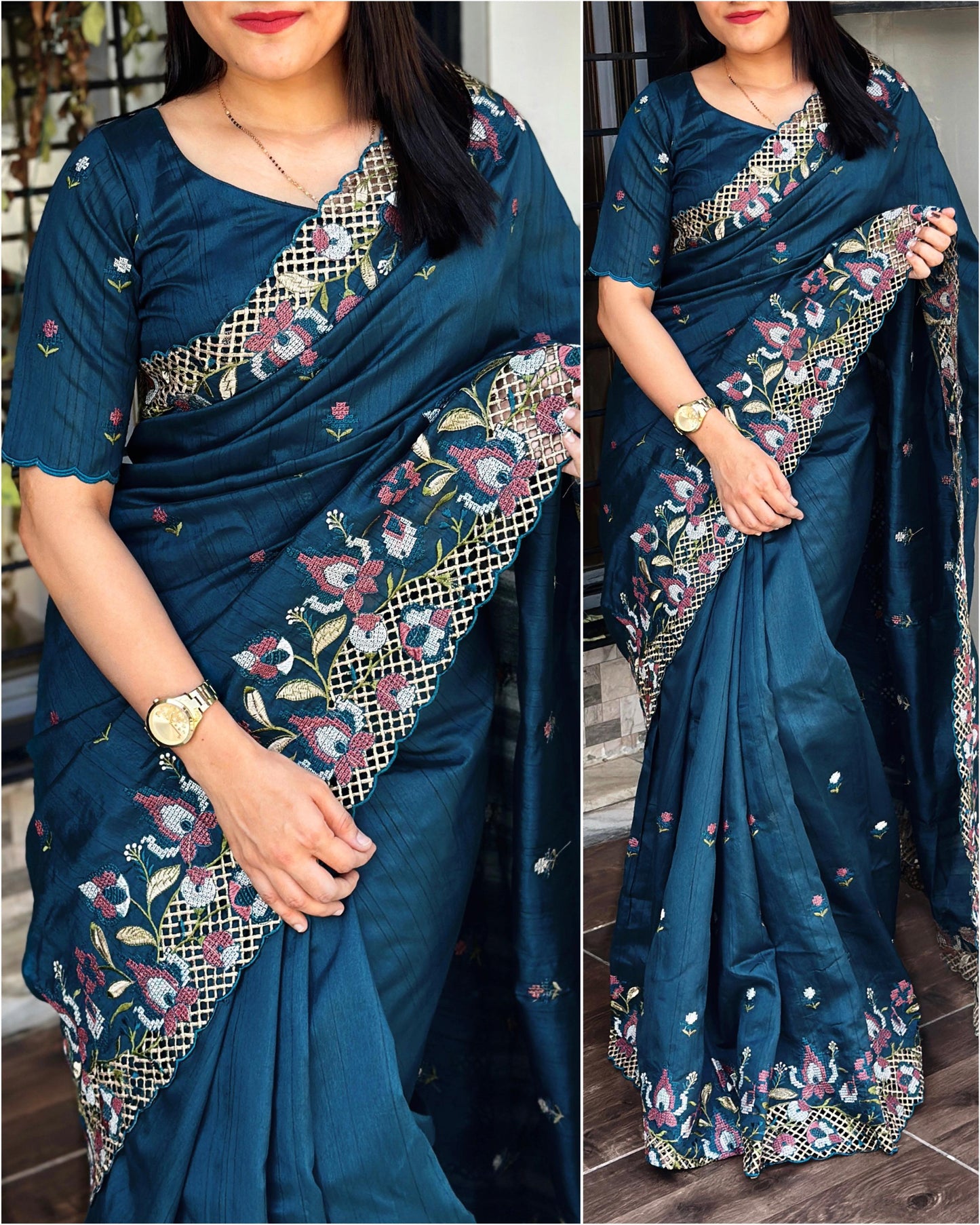 Cut Work Visca Slub Silk Saree