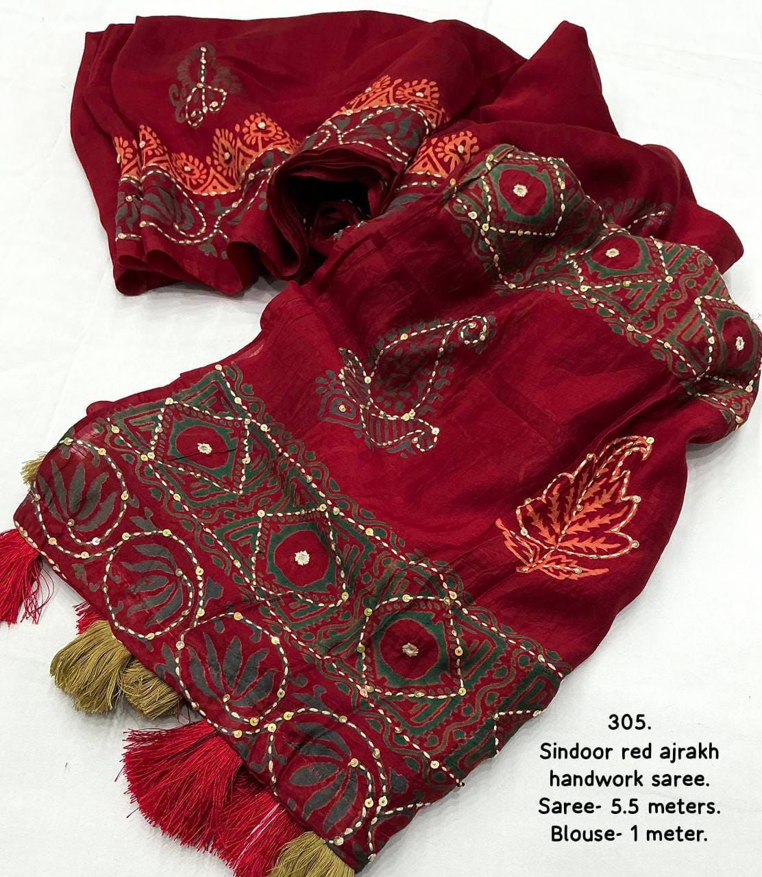 New single color edition ajrakh hand work saree