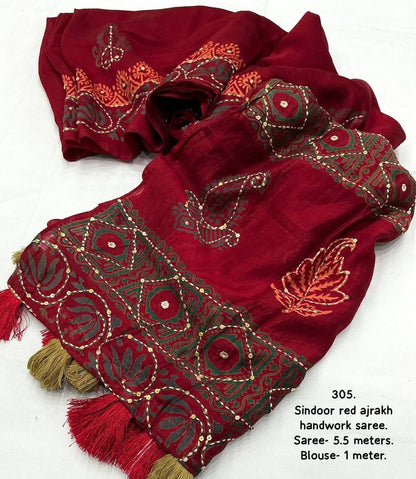 New single color edition ajrakh hand work saree