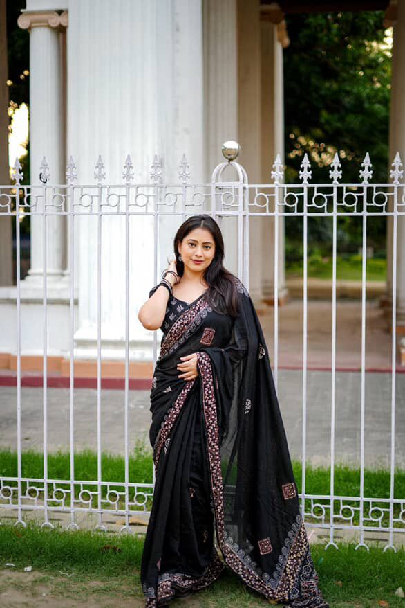 New premium ajrakh  handwork saree