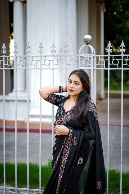 New premium ajrakh  handwork saree