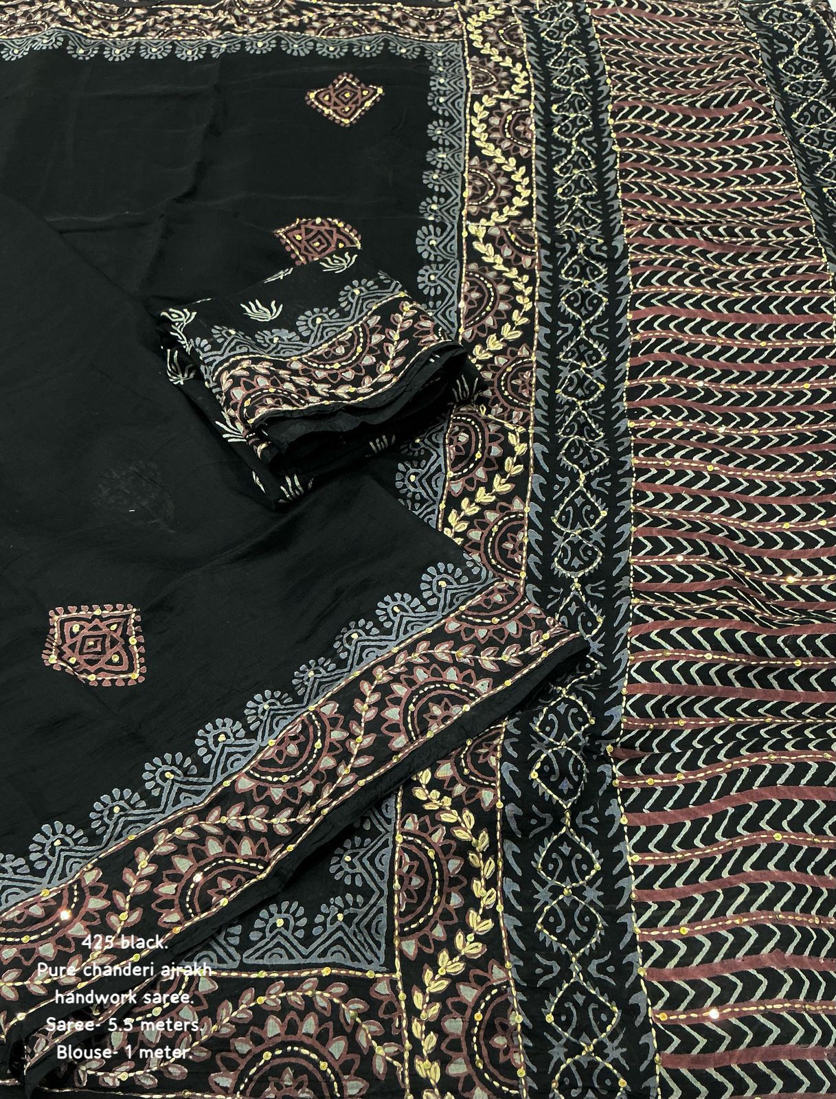New premium ajrakh  handwork saree