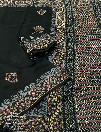 New premium ajrakh  handwork saree