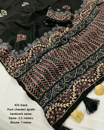 New premium ajrakh  handwork saree
