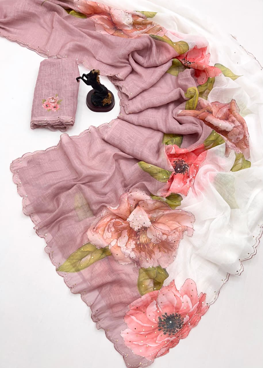 Pure Linen Saree with Hand Work