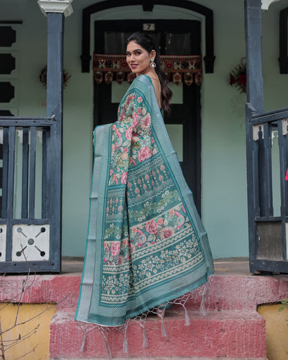 🌿 Elegant Teal Green Linen Saree 🌿