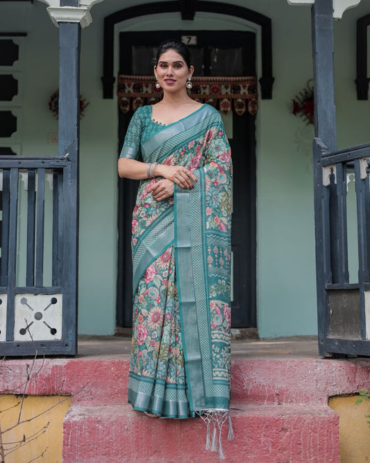 🌿 Elegant Teal Green Linen Saree 🌿